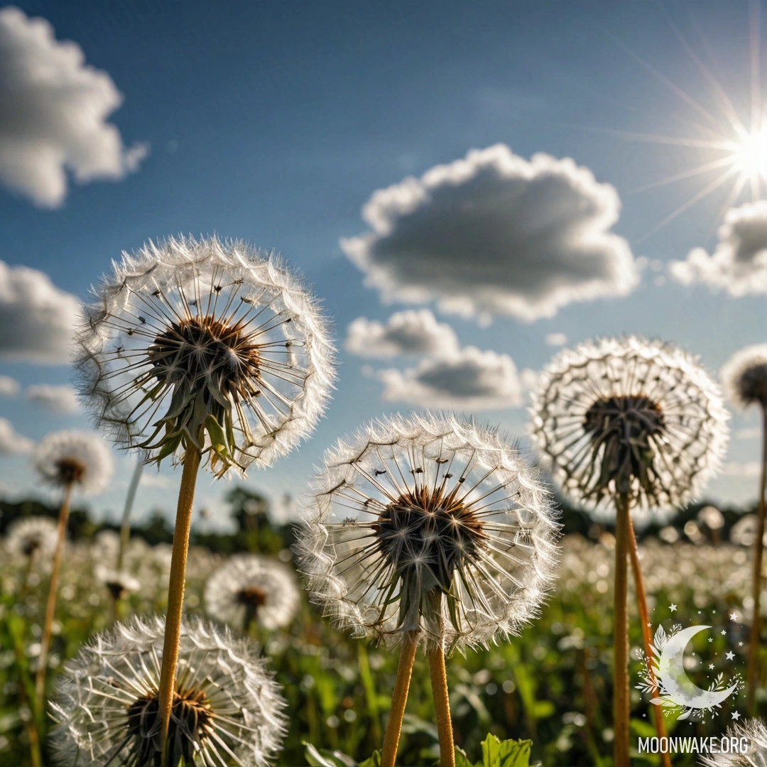 Крупный план одуванчиков на фоне мечтательного неба с солнечными бликами.
