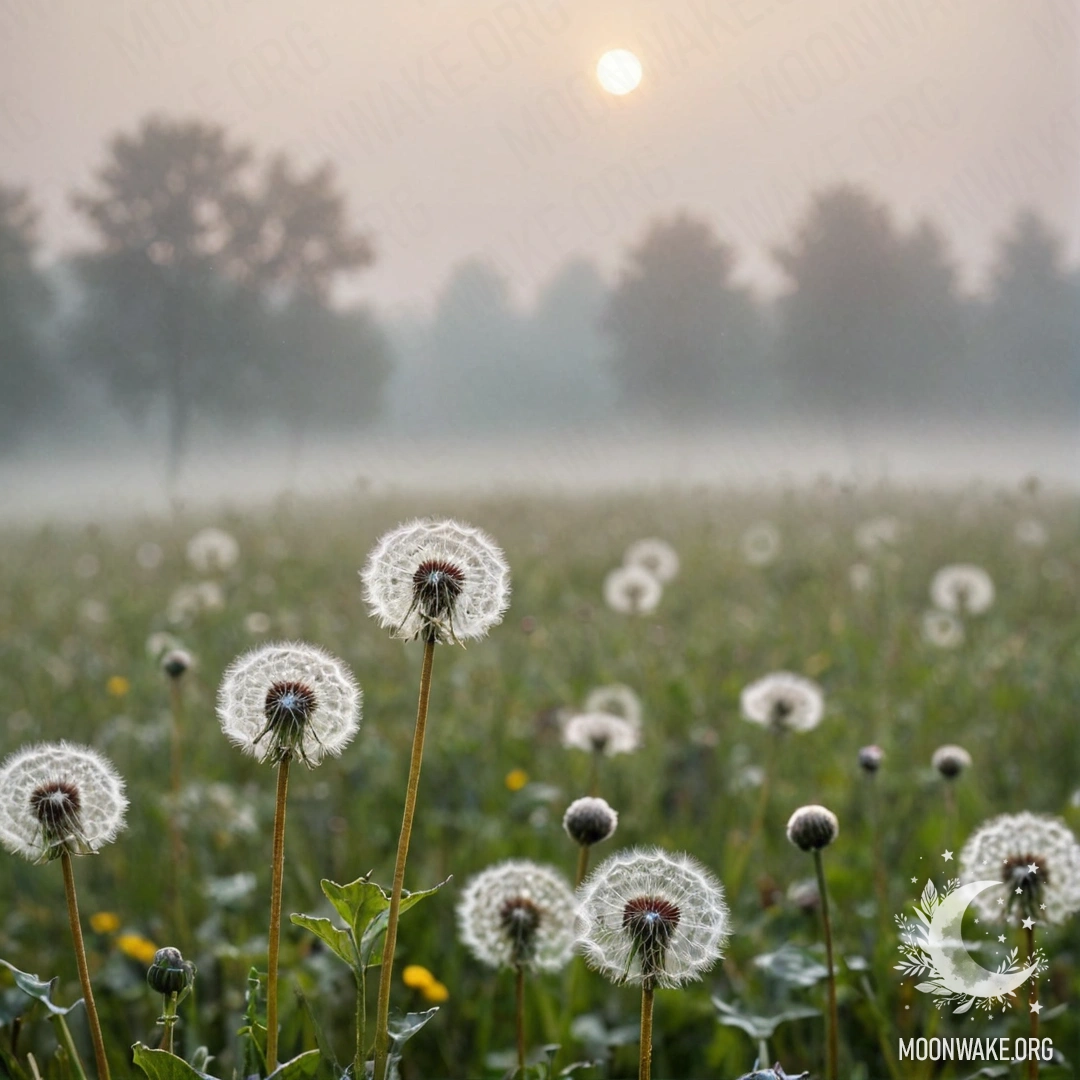 Крупным планом одуванчики на туманном поле на фоне размытого неба.