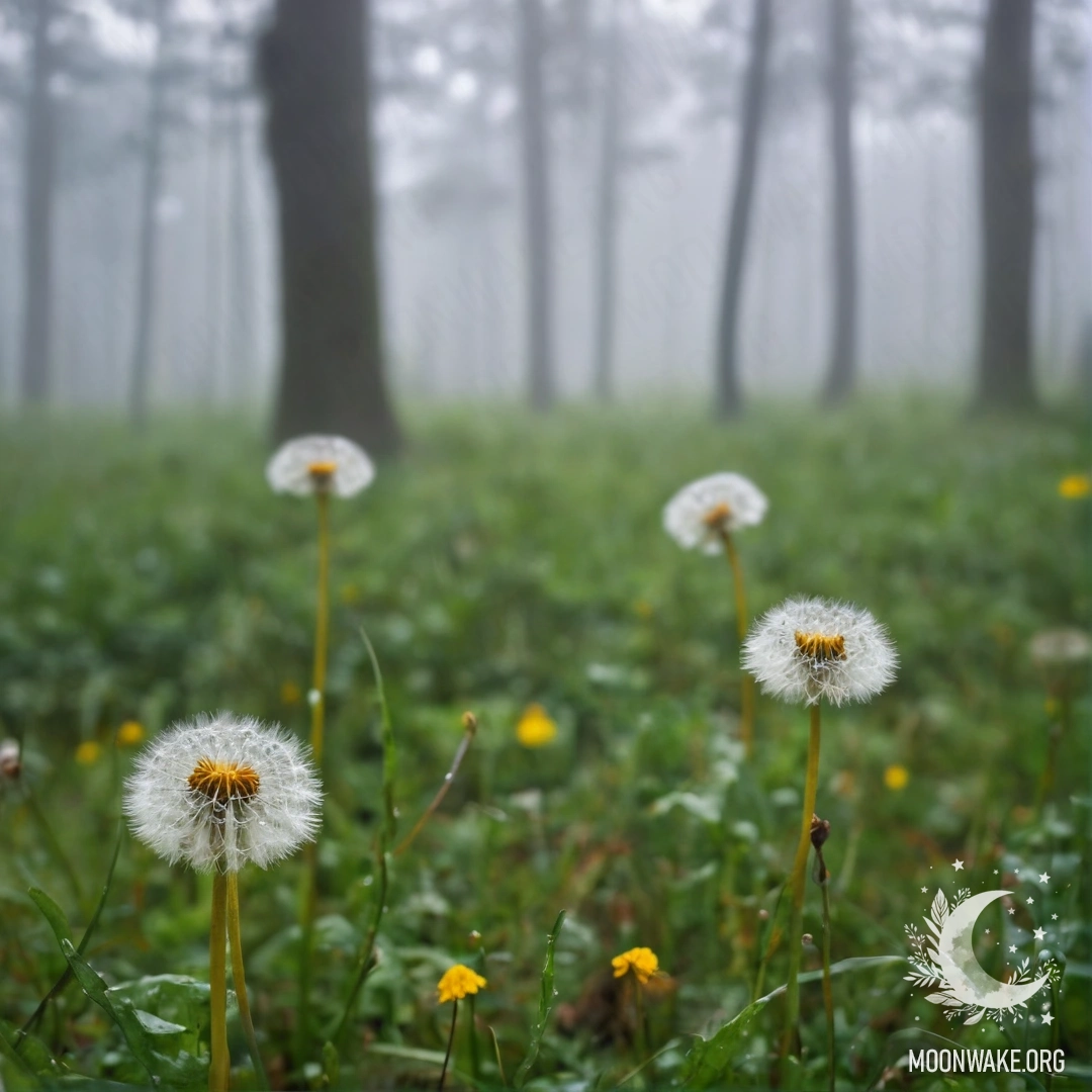 Крупный план одуванчиков на туманном поле с размытым фоном леса.