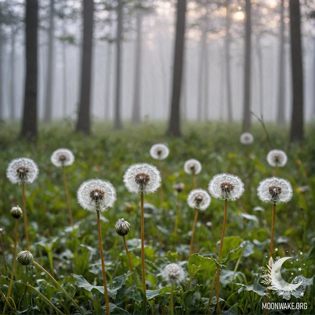 Крупный план одуванчиков на романтическом поле, окружённом густым туманом и размытым лесным фоном.