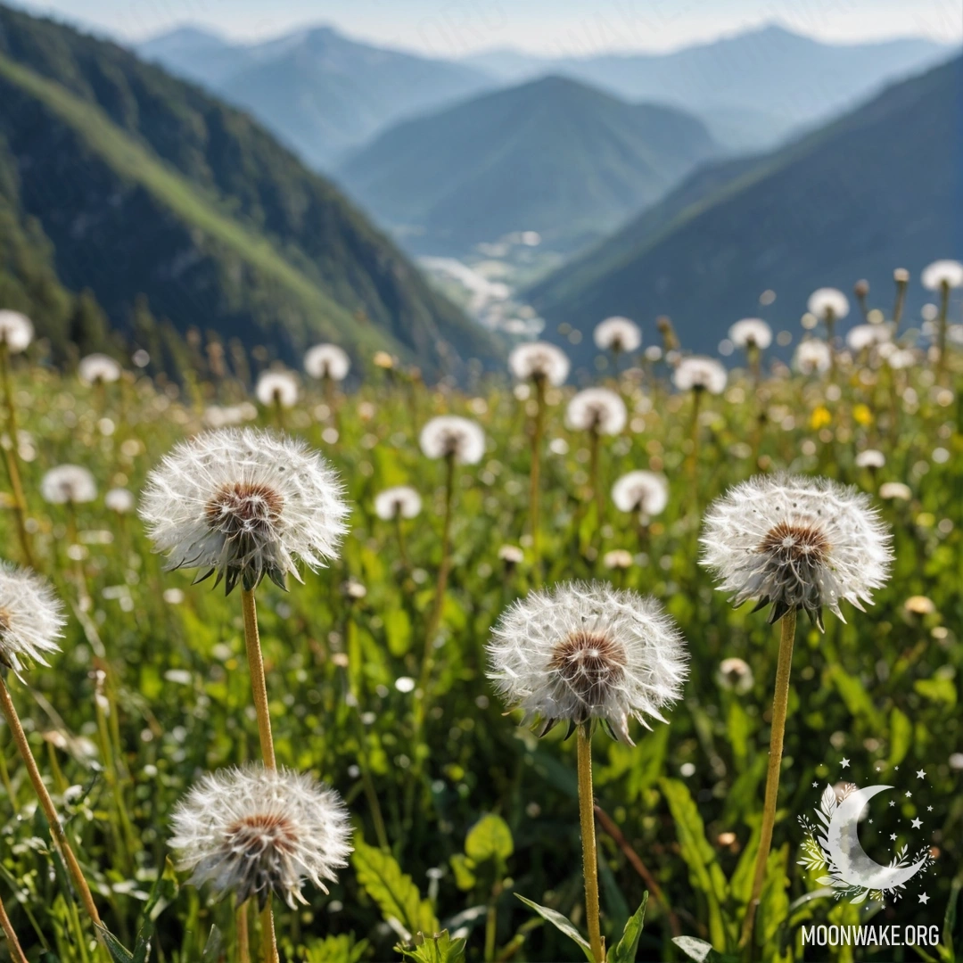 Крупный план одуванчиков на солнечном поле с размытыми горами на фоне.