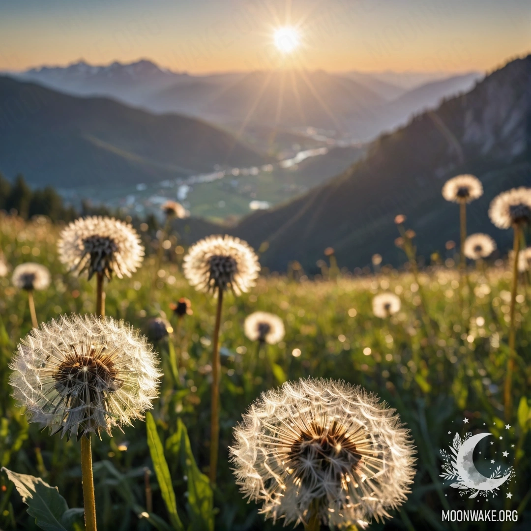 Крупный план одуванчиков на романтичном поле с размытыми горами на фоне