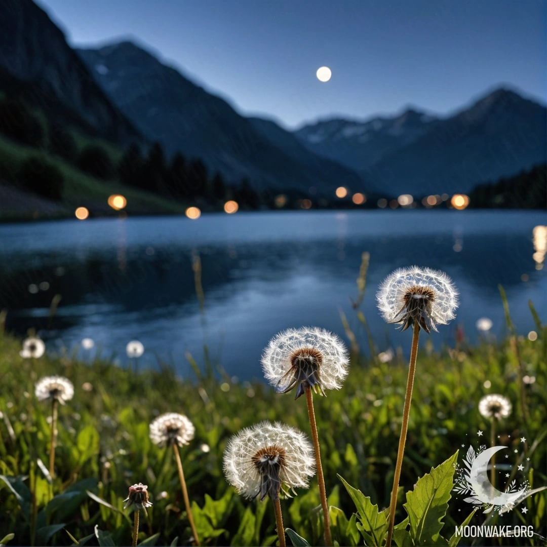 Крупный план нежных одуванчиков на романтическом поле с размытым горным озером на заднем плане ночью.