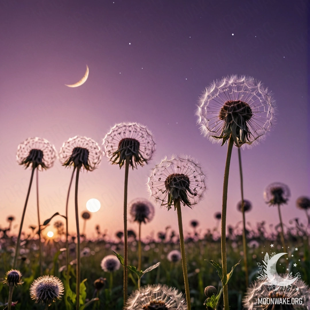 Крупный план одуванчиков на романтическом поле на фоне розово-фиолетового неба с луной.