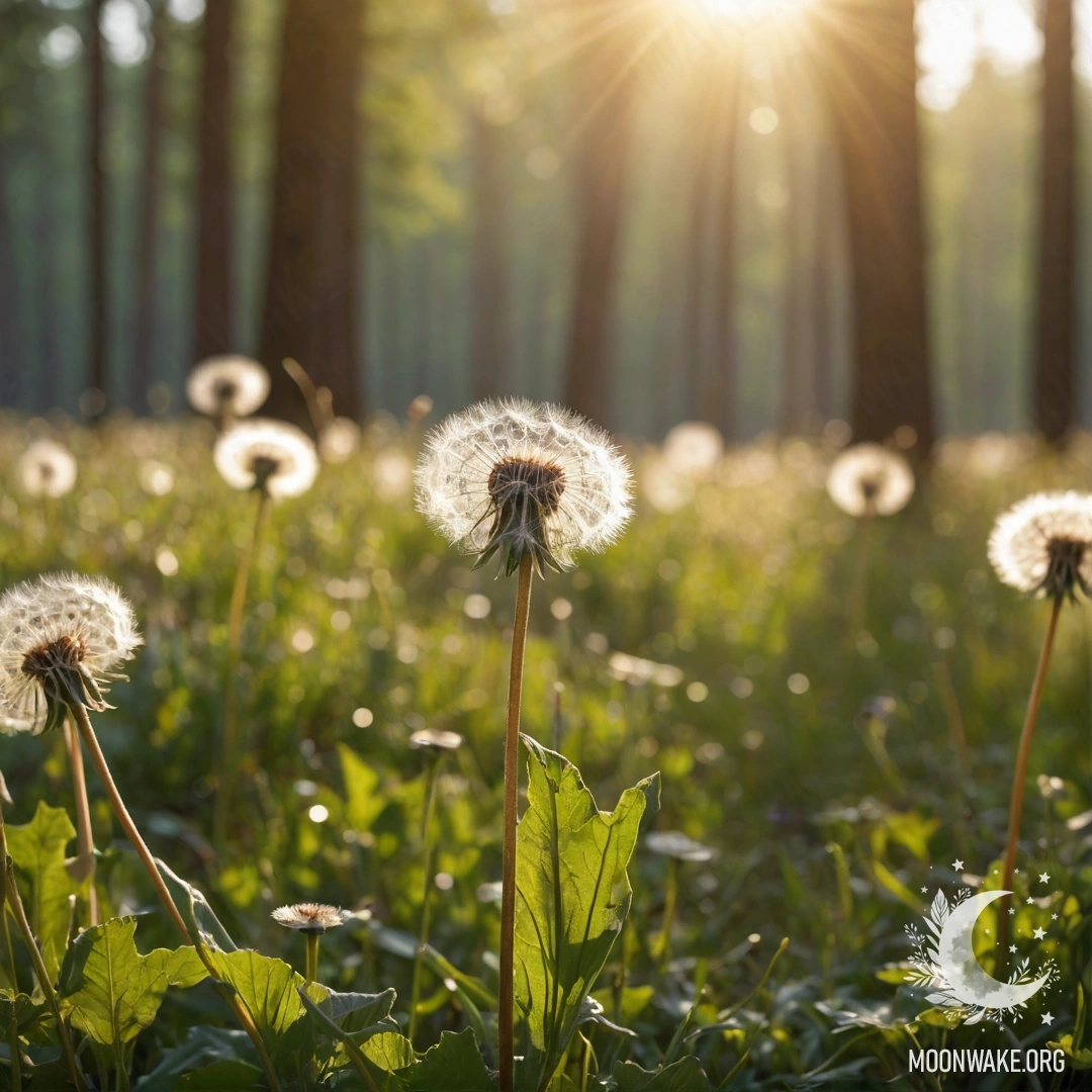 Крупный план одуванчиков на романтическом поле с размытым лесным фоном и солнечными лучами.