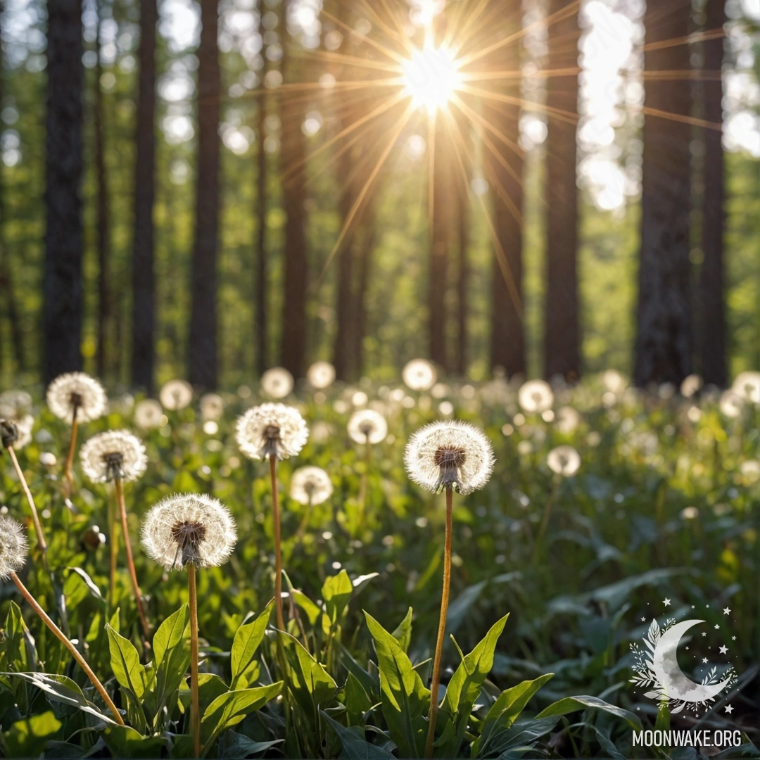 Крупный план одуванчиков на поле, освещённых солнечными лучами, с размытым лесом на фоне.