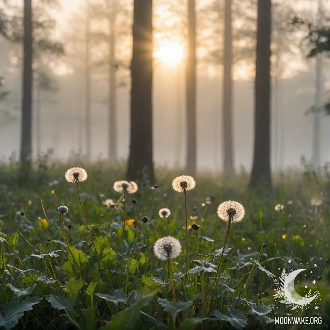 Крупный план одуванчиков на поле с размытым лесным фоном и солнечными лучами, пробивающимися сквозь деревья.