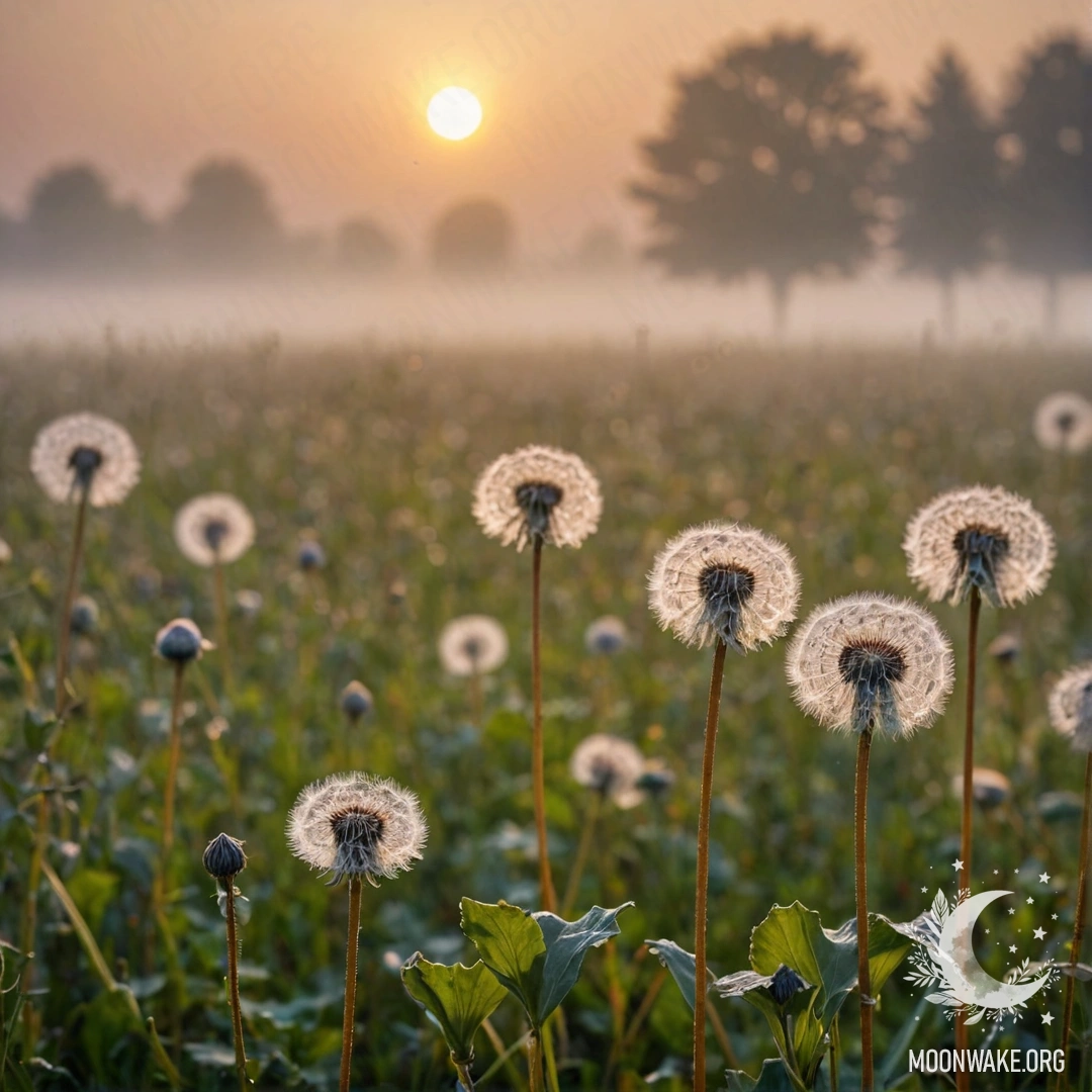 Крупный план одуванчиков на туманном поле во время заката.