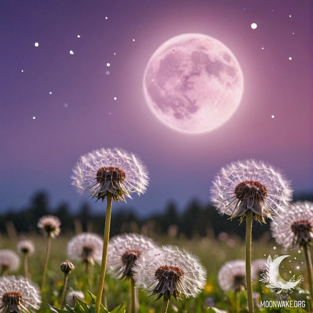 Крупный план одуванчиков в романтическом поле на фоне розово-фиолетового неба и луны