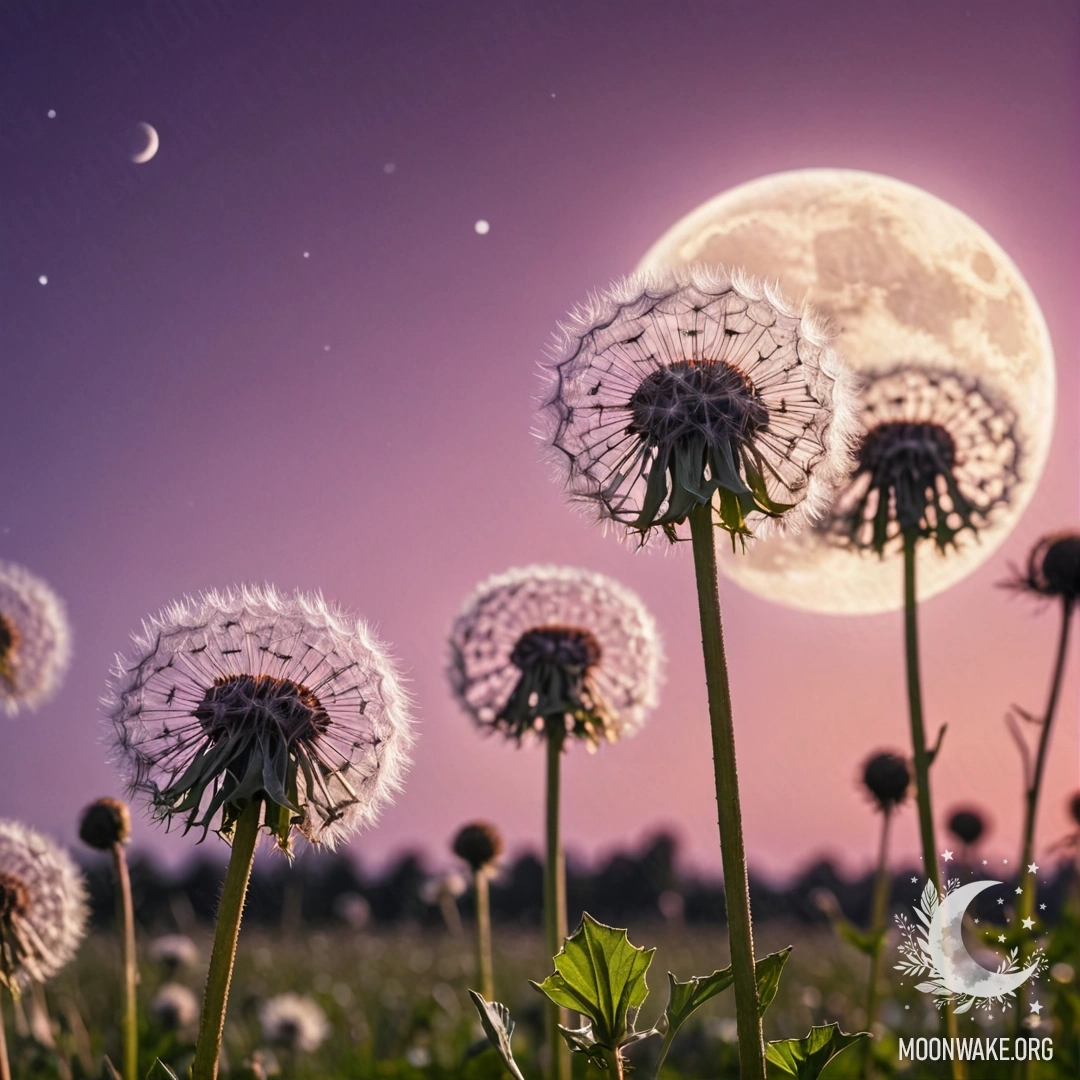 Крупный план одуванчиков на поле с розово-фиолетовым небом и луной.