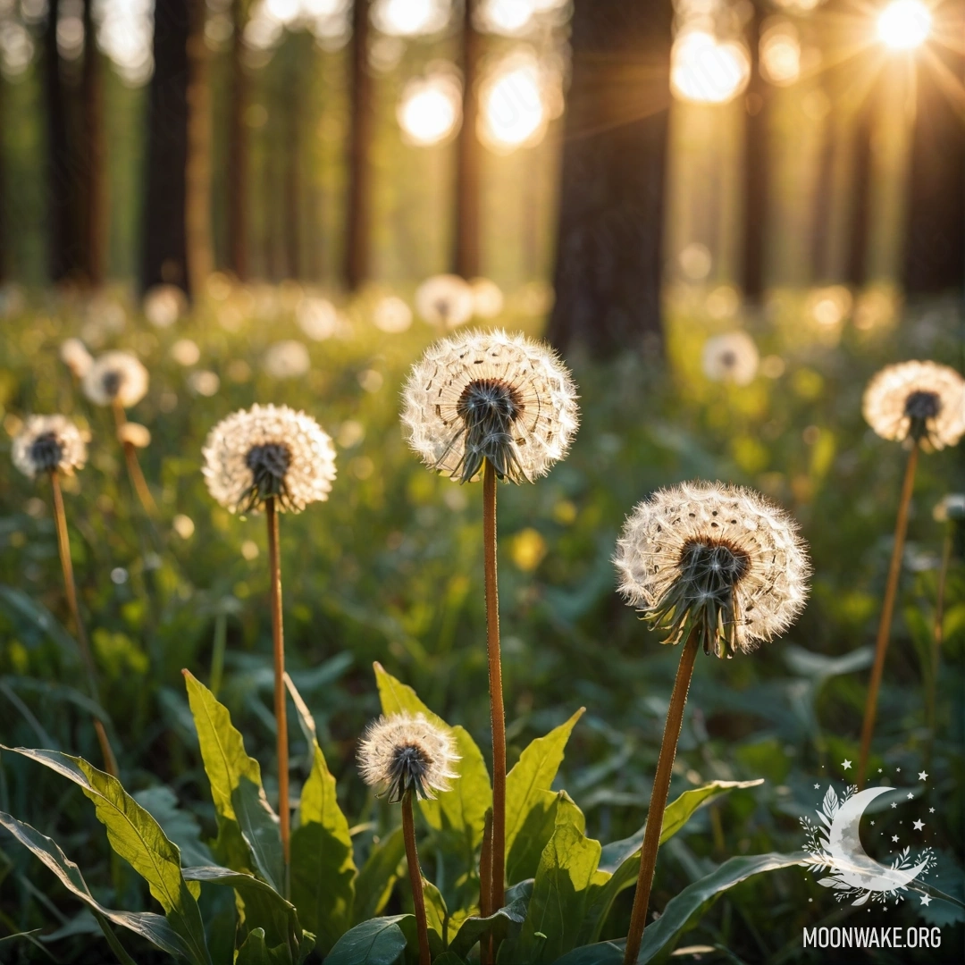 Крупный план одуванчиков в романтическом поле с размытым лесом на заднем плане и солнцем, пробивающимся сквозь облака на закате.