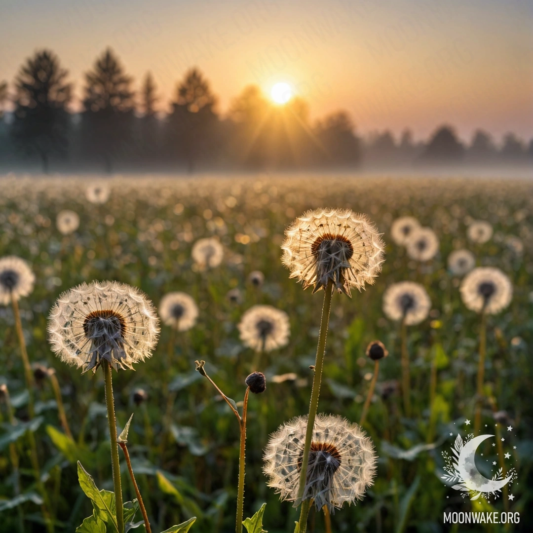 Крупный план одуванчиков в туманном поле на закате с солнечными лучами.