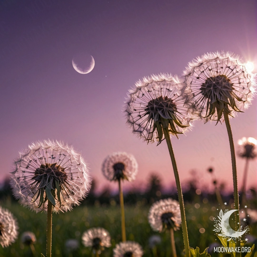 Крупный план одуванчиков на фоне розовато-фиолетового неба с луной и солнцем.