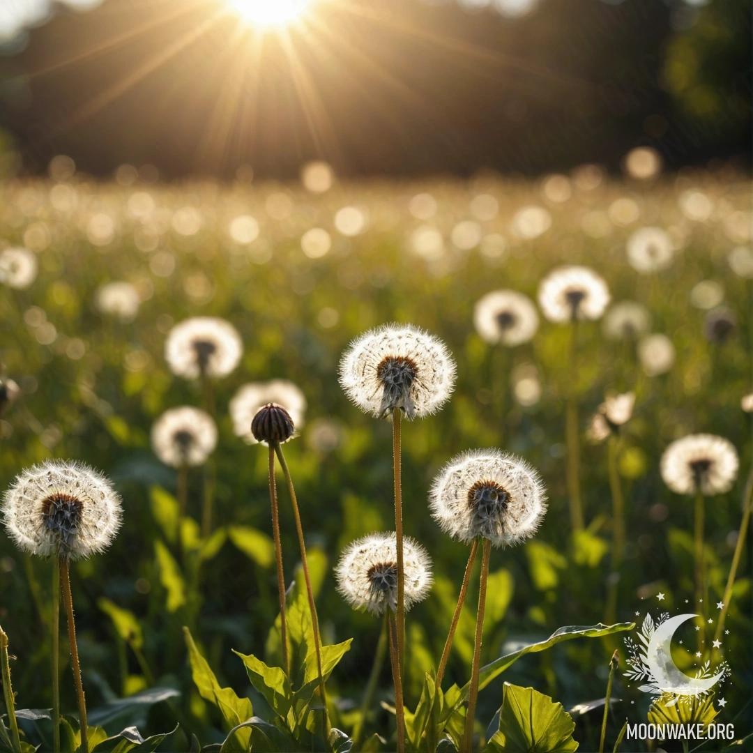 Крупный план одуванчиков на размытом фоне цветов, озаренных солнечными лучами.