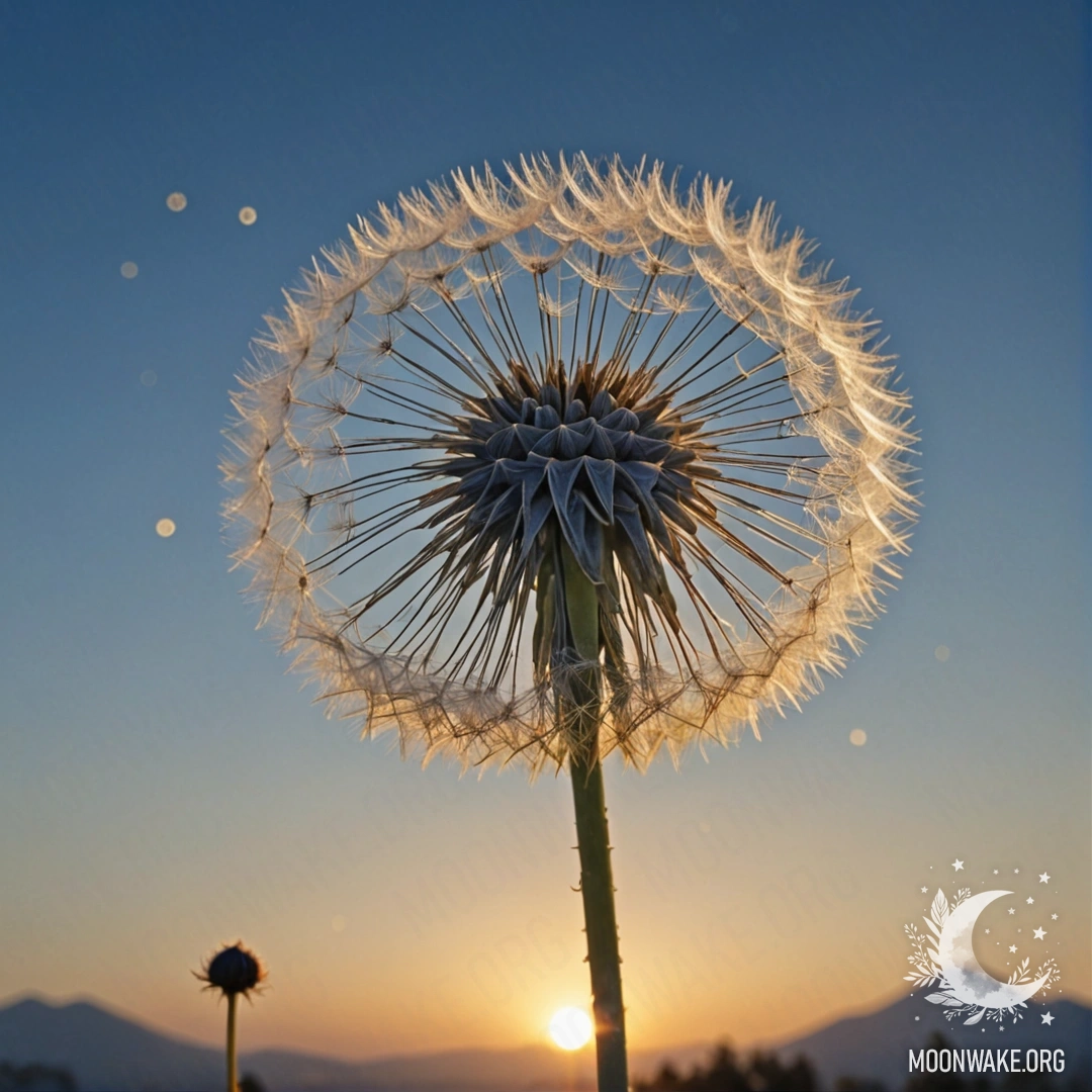 Синий романтический одуванчик в туманной атмосфере на закате.