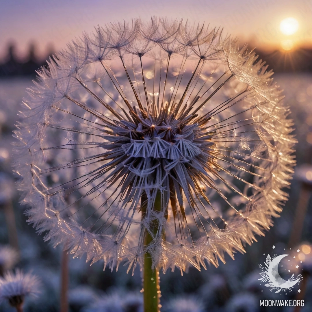 Лавандовый одуванчик, покрытый морозом на закате, сверкающий паутинками.