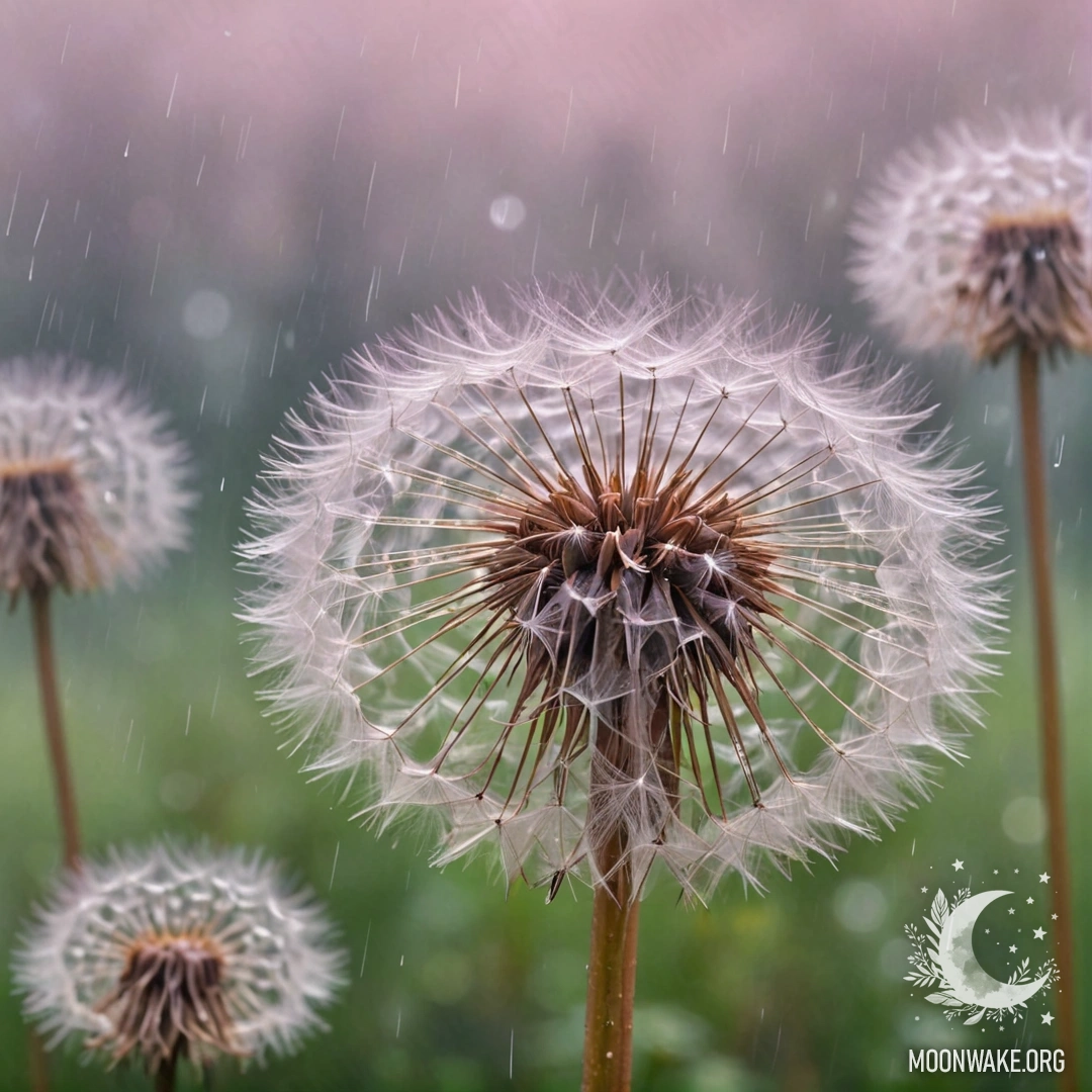 Нежный розовый одуванчик, окружённый туманом и мягким дождём.
