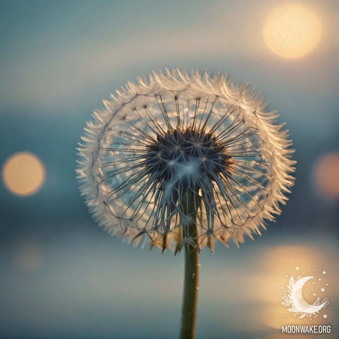 Романтический одуванчик в вазе, окруженный туманом и дождем, на закате.