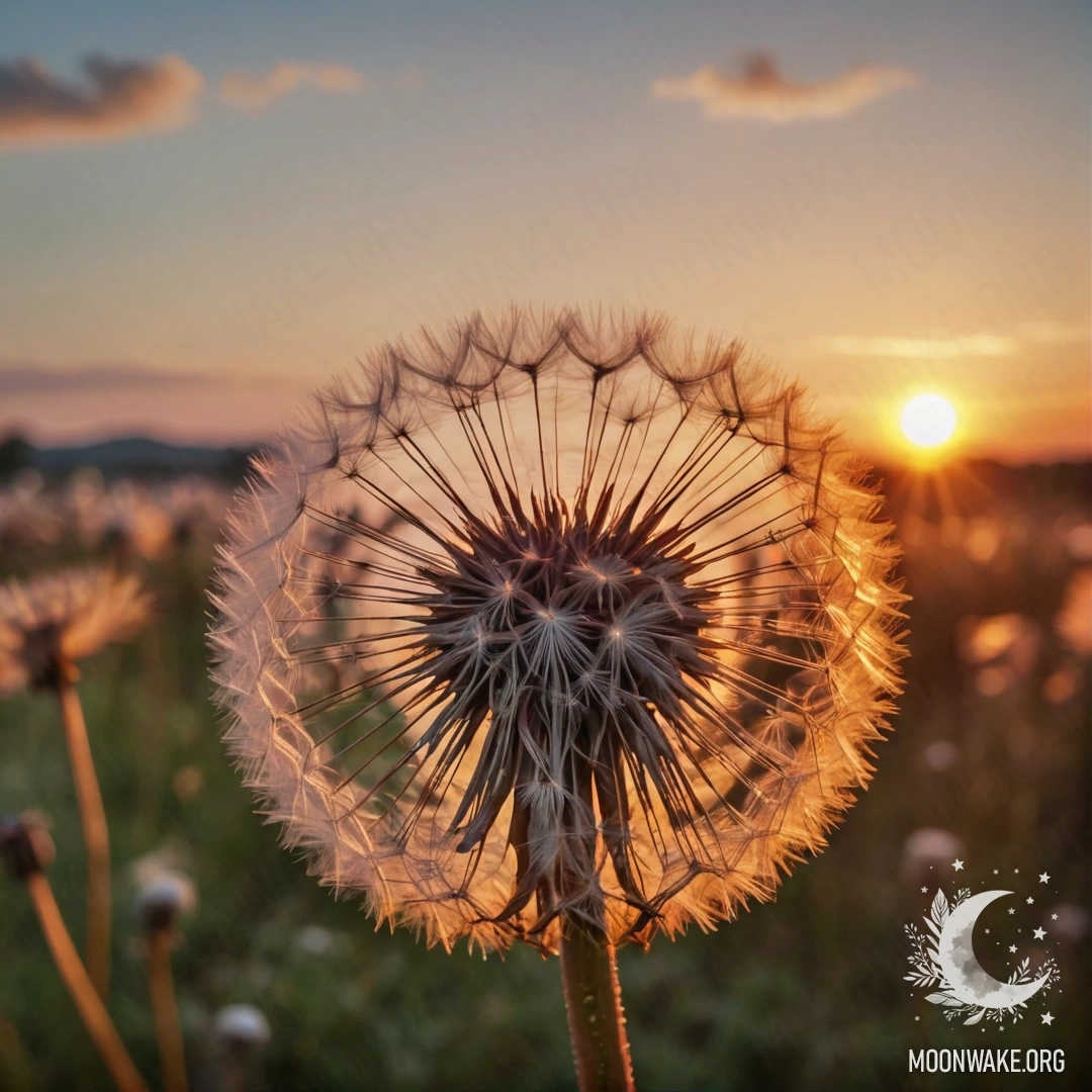 Романтический красный одуванчик на фоне заката, напоминающий старинные открытки.