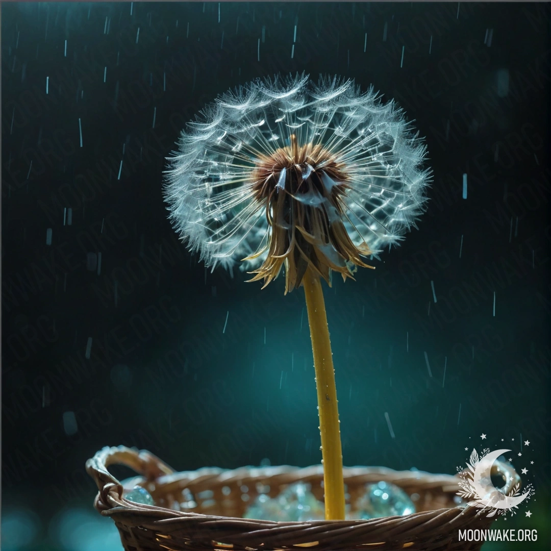 Романтический одуванчик в аквамариновом корзине, промокший под дождём ночью.