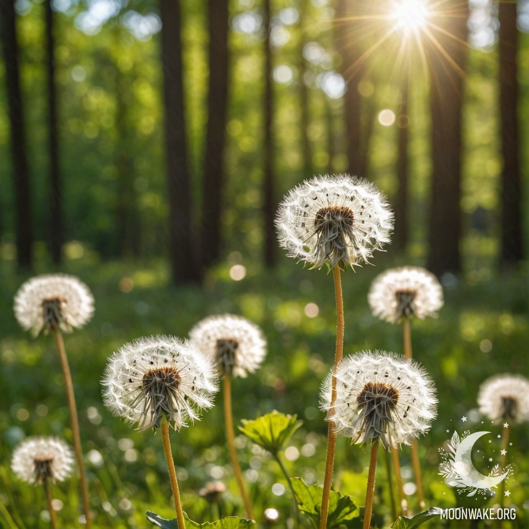 Близкий план одуванчиков в романтическом поле с размытым лесным фоном.