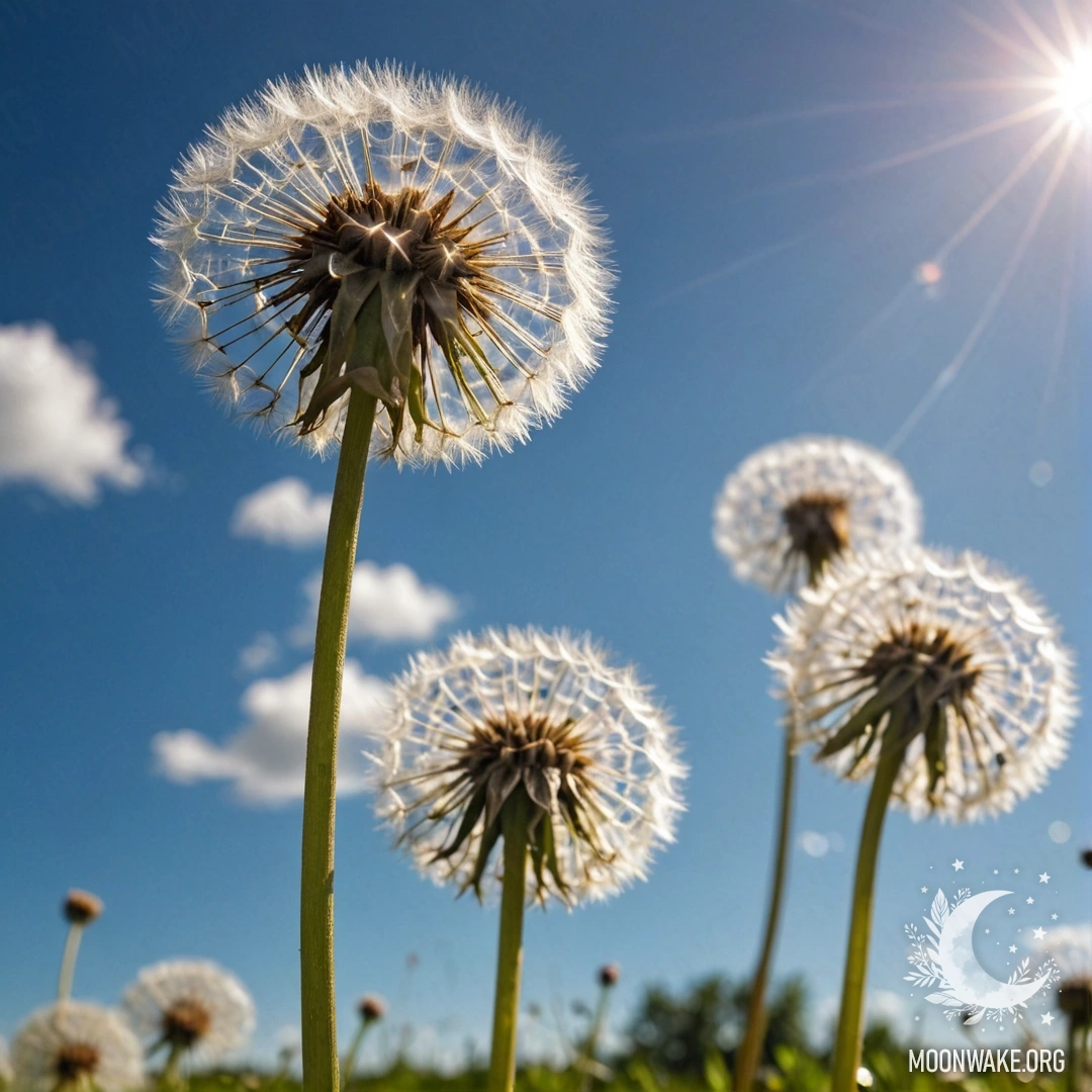 Крупный план одуванчиков на поле, размытое небо на заднем плане