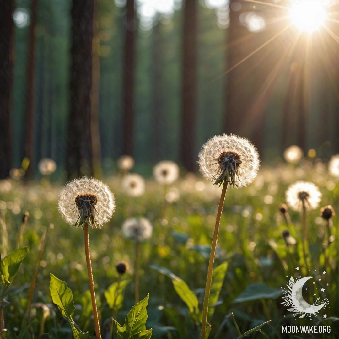 Крупный план одуванчиков на фоне размытых лесных пейзажей с солнечными бликами.