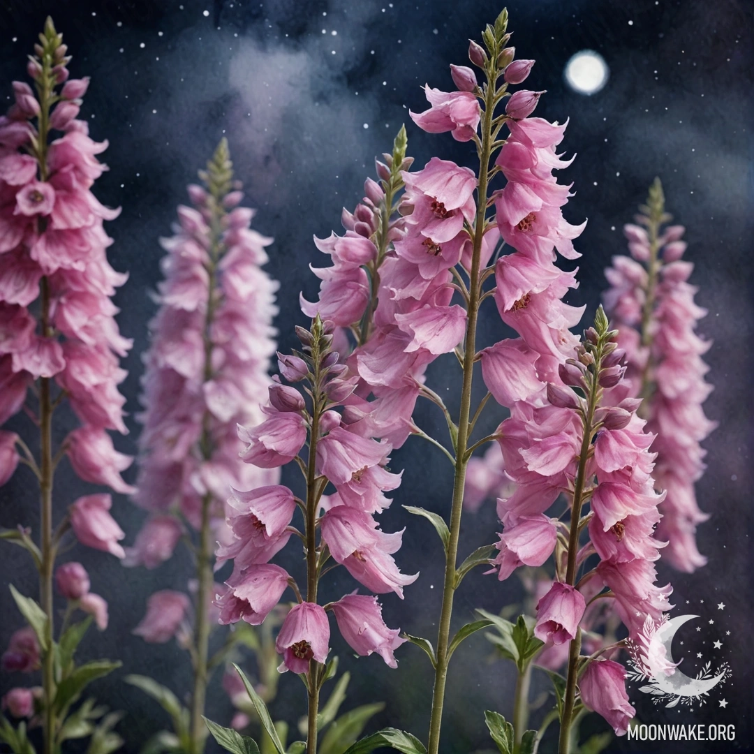 Розовый дельфиниум в тумане ночью, в стиле акварели.