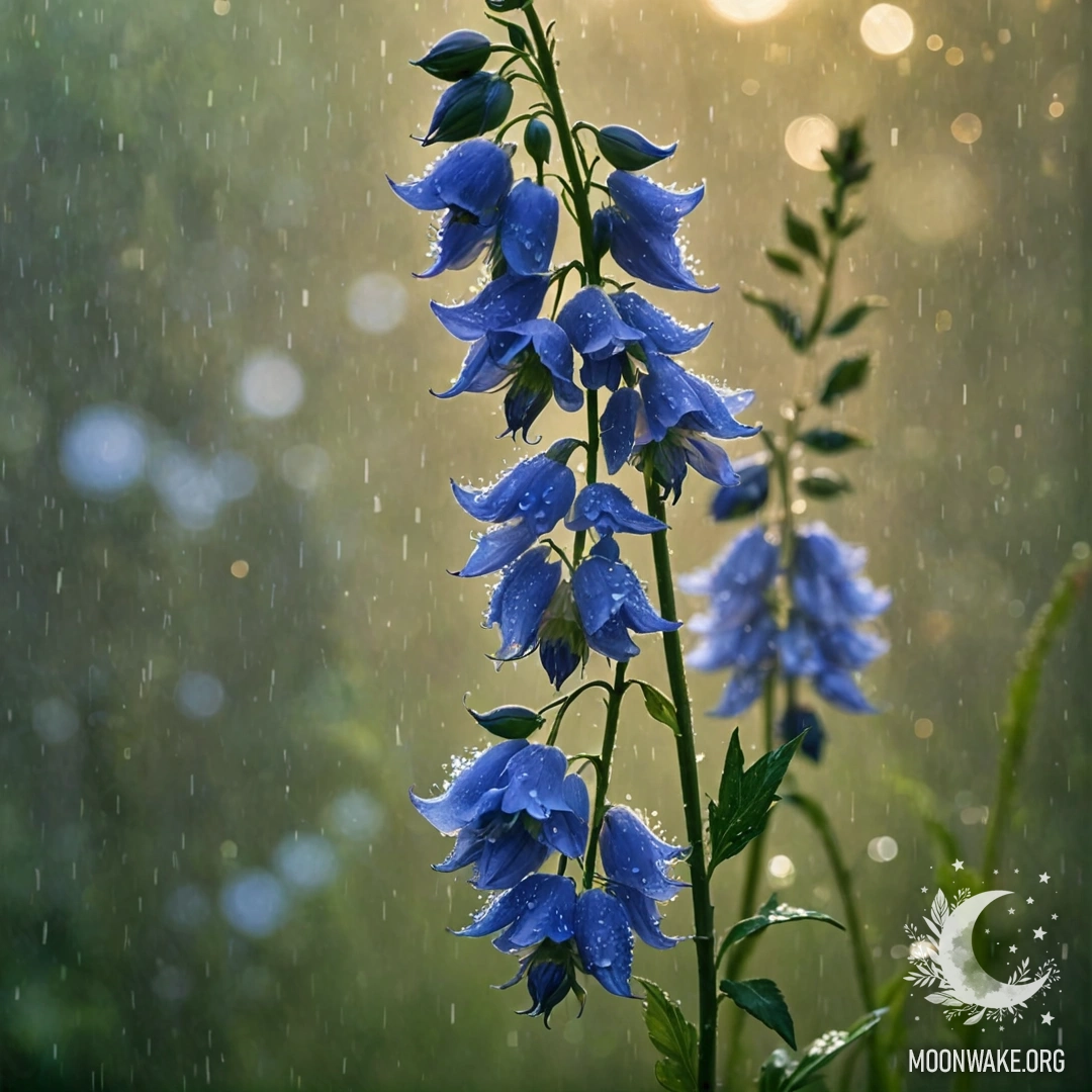 Зелёные цветы делфиниума в тумане и дожде на закате.