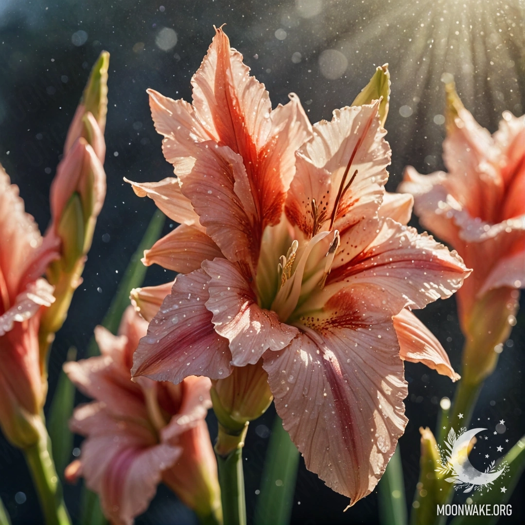 Нежный гладиолус оливкового цвета, украшенный каплями росы, освещенный мягкими солнечными лучами и искрами света.