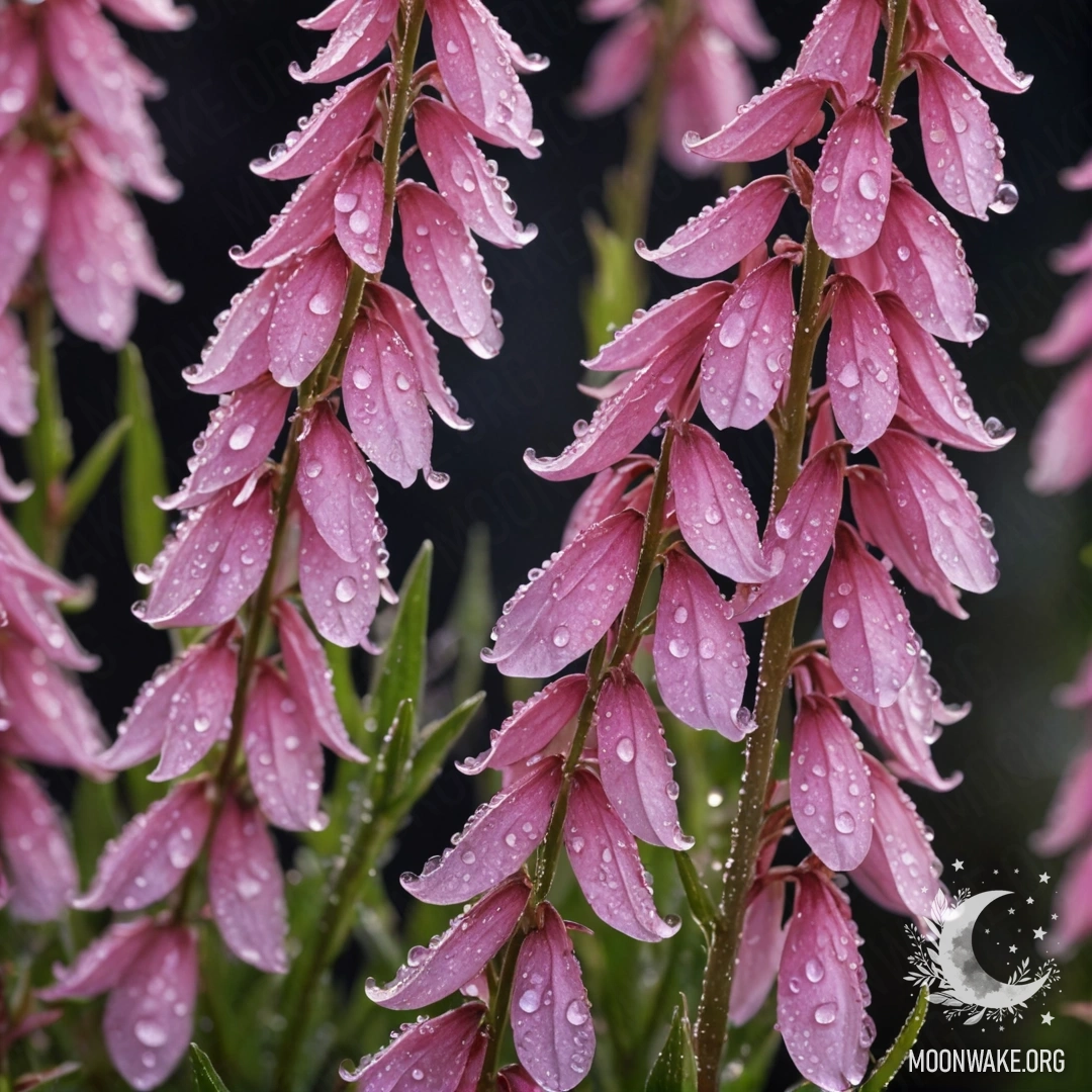 Нежная акварельная картина с розовыми цветами лобелии, украшенными каплями росы под ночным небом.