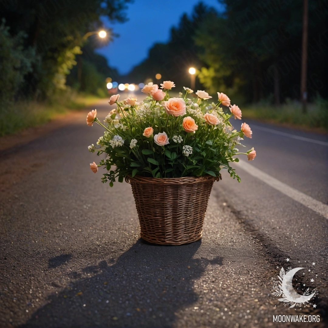 Грунтовая дорога ночью с корзиной цветов и деревьями в боке.