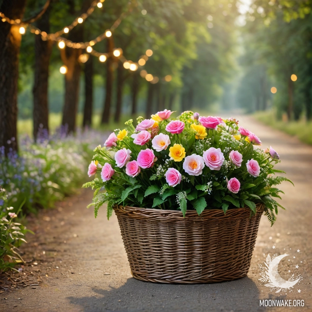 Деревенская дорога, украшенная корзиной цветов, на фоне боке деревьев, освещённых гирляндами света.