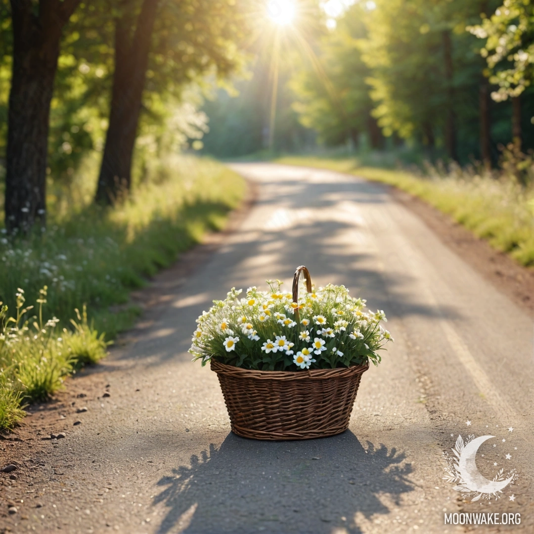Романтическая грунтовая дорога, на которой стоит корзина с цветами, на заднем плане деревья, залитые лучами солнца.