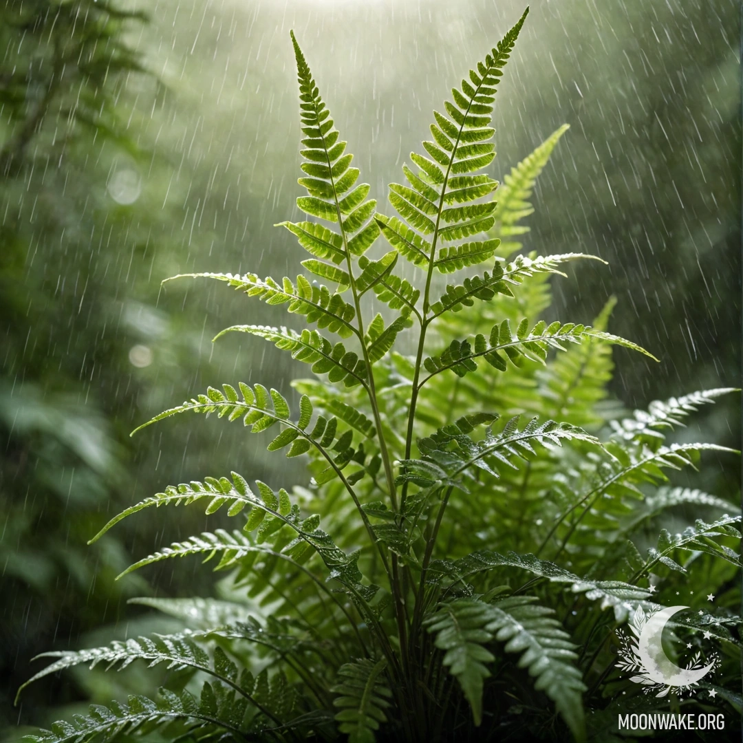Крупный план букета папоротника под дождем, освещенного солнечными лучами.