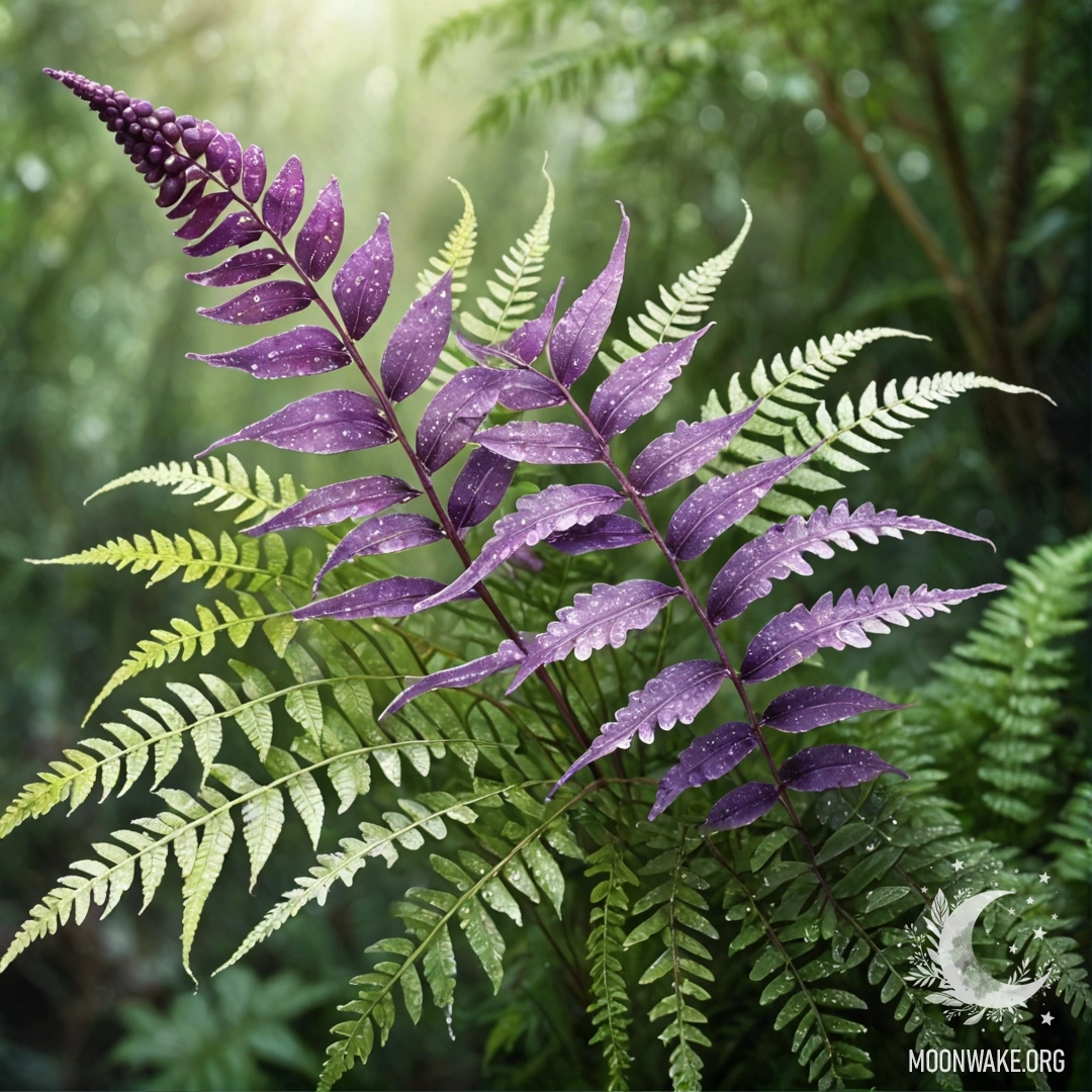 Букет фиолетовых папоротников, украшенный росинками.