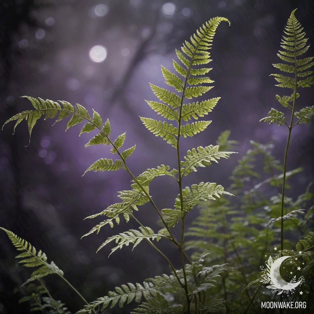 Спокойная сцена с папоротниками, окутанными лавандовым туманом ночью.