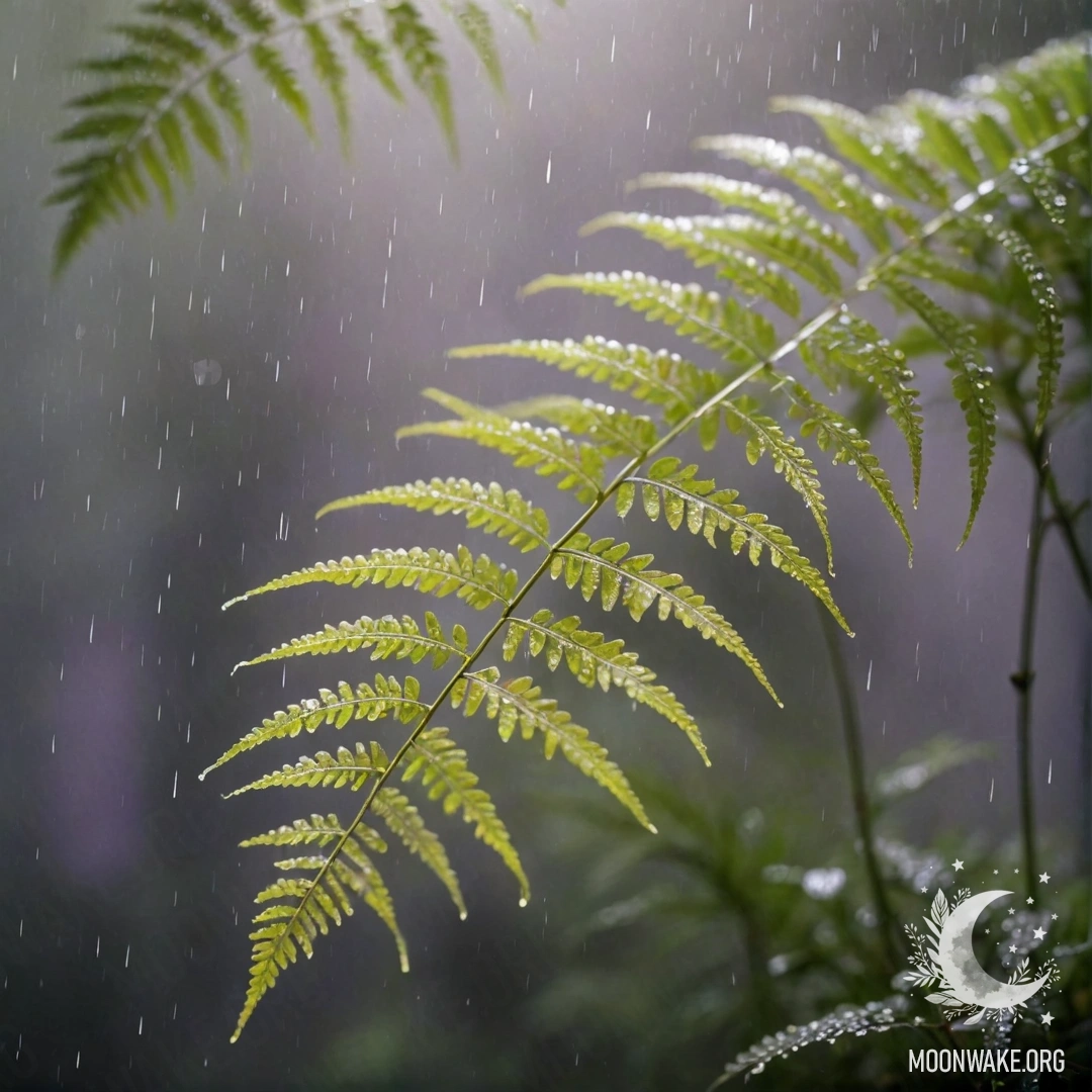 Романтический папоротник, окруженный туманом и нежным дождем, освещенный солнечными лучами и украшенный лавандовыми стразами.