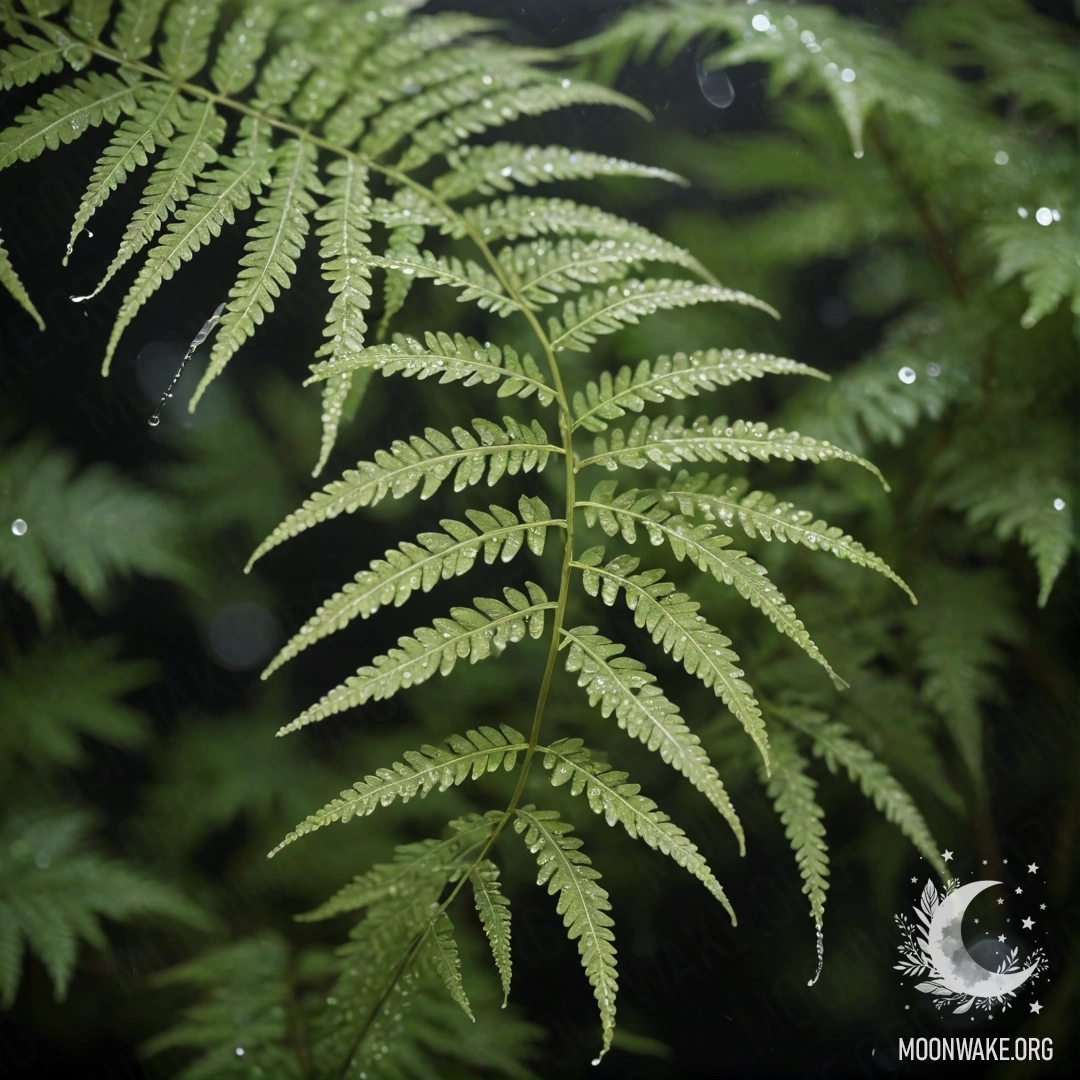 Романтический папоротник, украшенный каплями росы на пастельном ночном фоне.