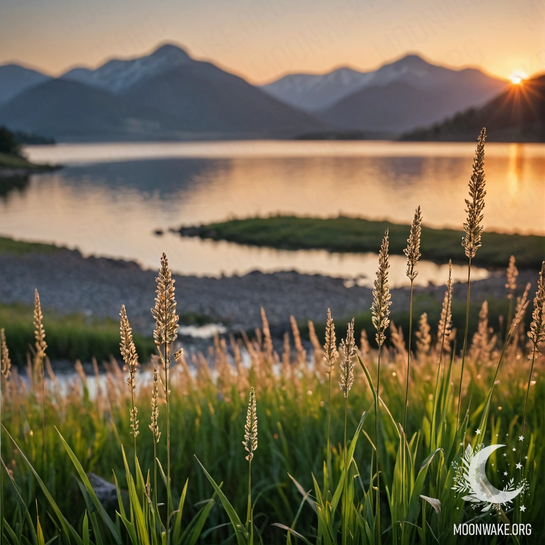 Крупный план пышной травы в романтическом поле с красивым боке, на фоне горного озера на закате.