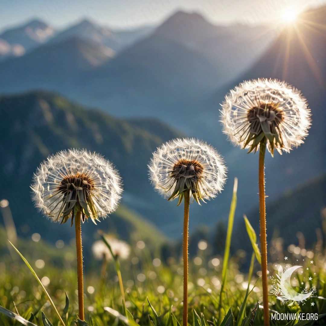 Близкий план одуванчиков на фоне размытой горной природы.