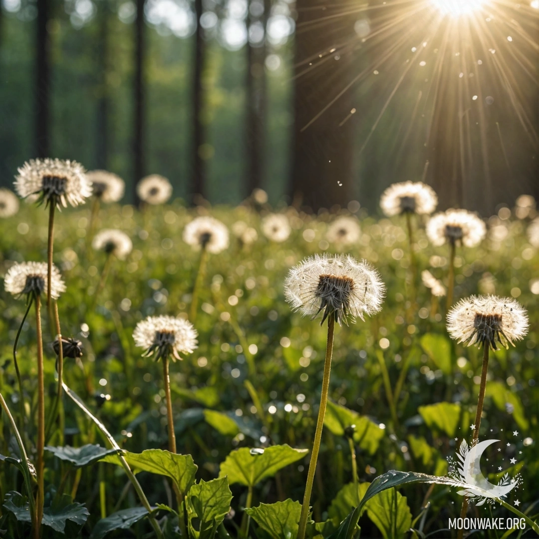 Крупный план одуванчиков на поле, с размытым лесом и солнечными лучами на фоне, под дождем.