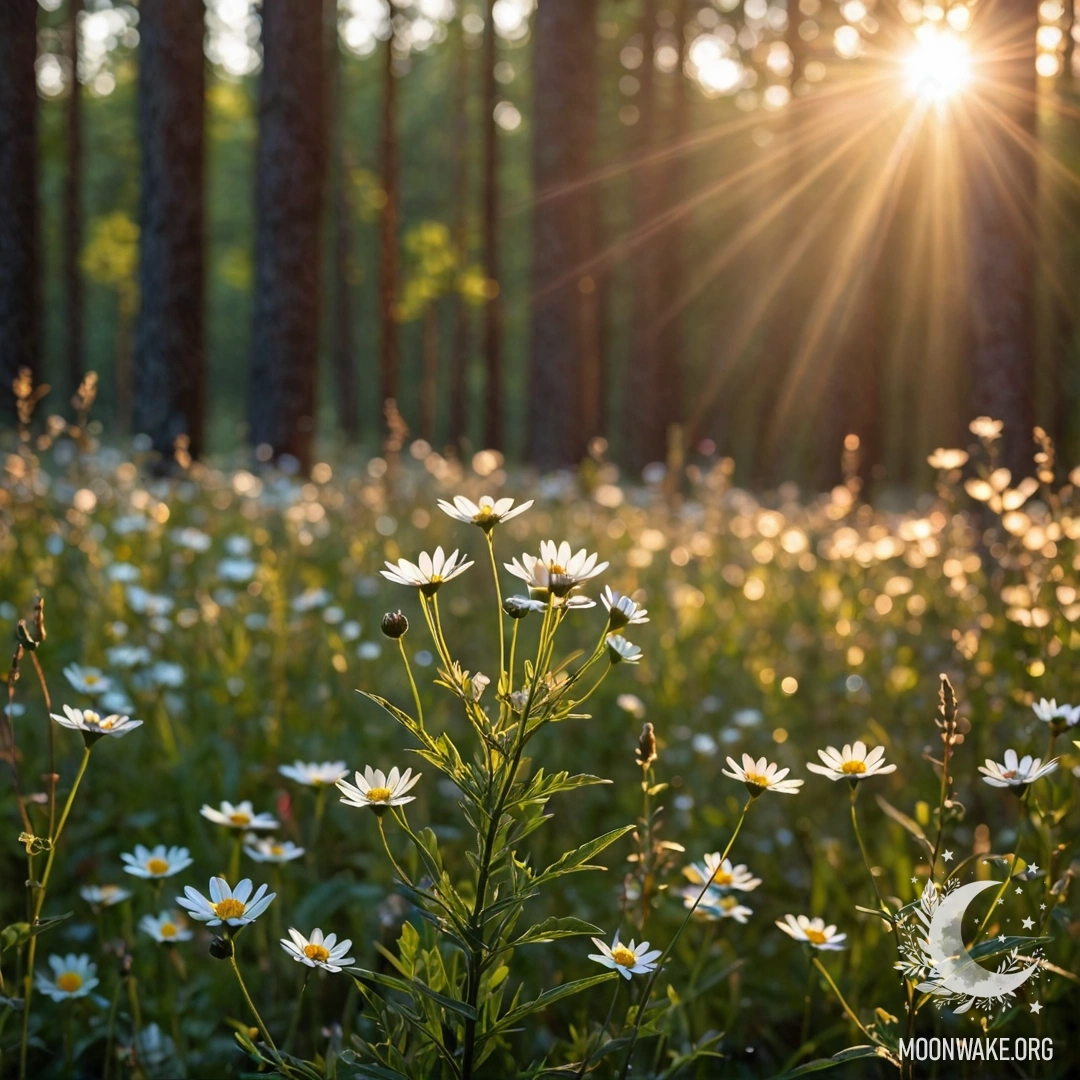 Крупный план полевых цветов, освещенных солнечными лучами в боке леса ночью.