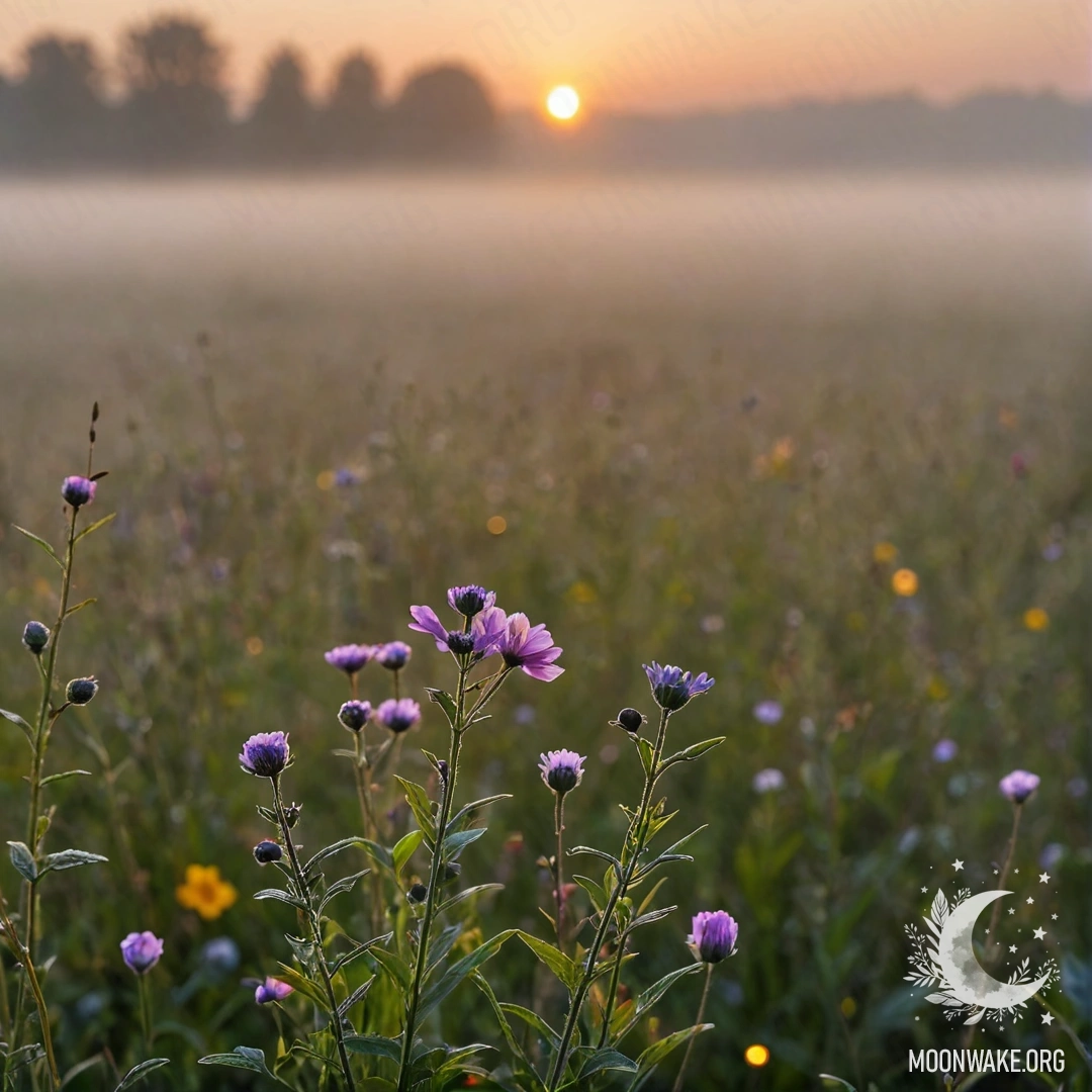 Крупный план ярких цветов на фоне заката в бokeh и густого тумана.