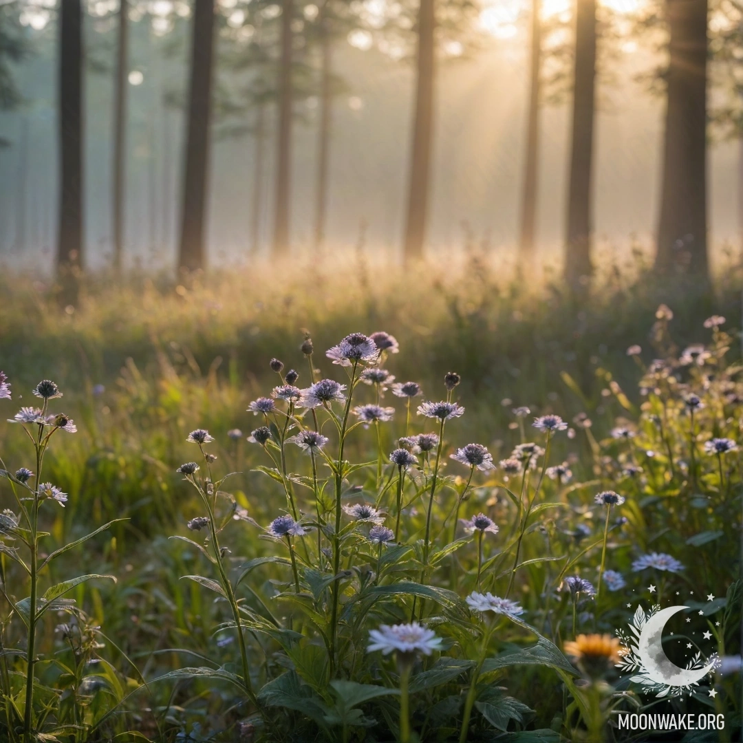 Крупный план полевых цветов на романтическом фоне тумана и солнечных лучей.