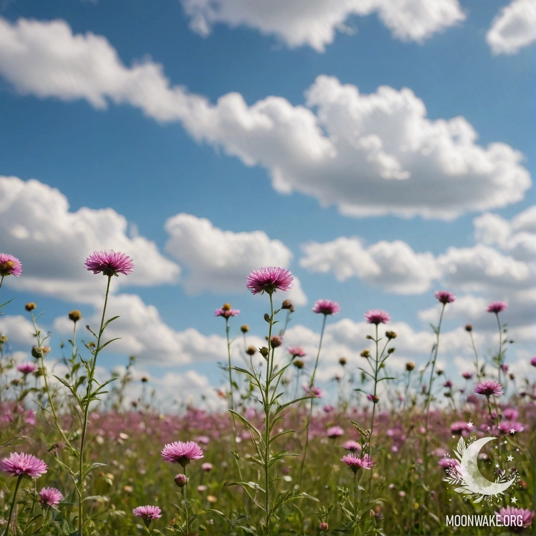 Крупный план ярких цветов на поле на фоне мечтательного боке неба.