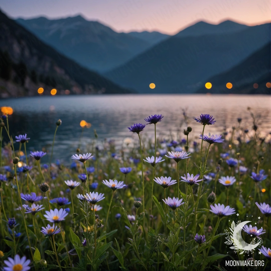 Крупный план ярких полевых цветов на фоне размытого горного озера ночью.