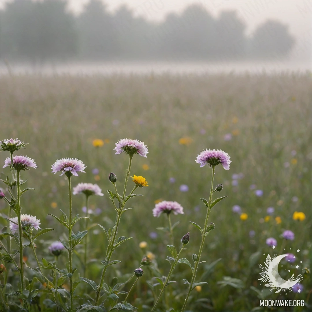 Крупный план ярких цветов на поле, окутанных густым туманом.