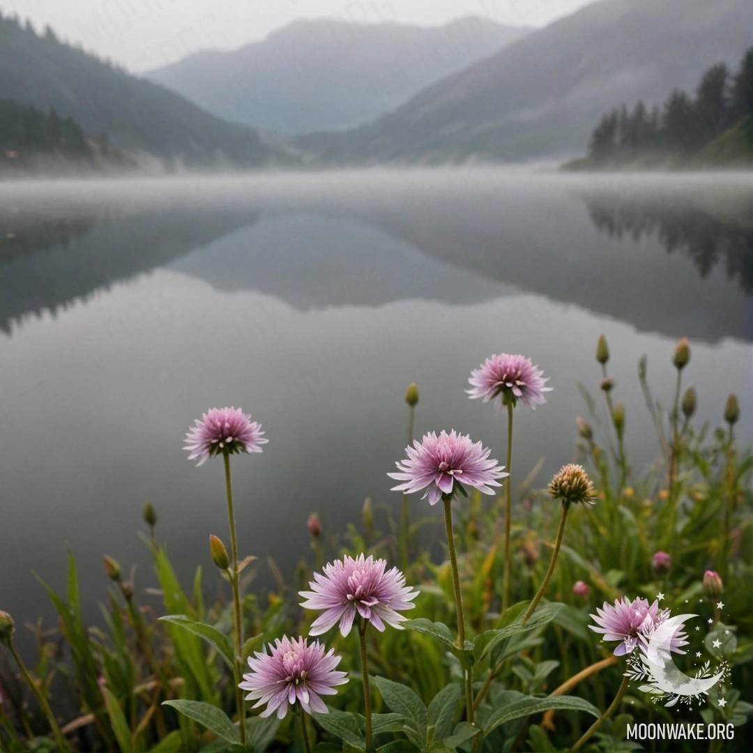 Макроснимок ярких полевых цветов на фоне туманного горного озера.