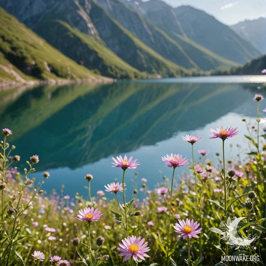 Крупный план ярких полевых цветов на фоне размытого горного озера